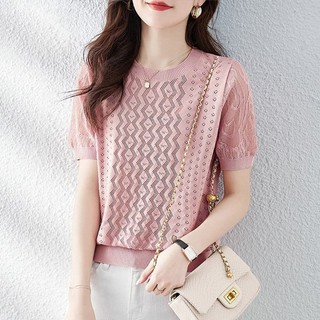Mùa hè Phong Cách Mới Áo Thun Ngắn Tay Nữ Trung Niên Cổ Tròn Rỗng Dệt Kim Thời Trang Rời Ôm Hơn Nhìn Phù Hợp Với Hàng Đầu
