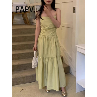 Papv Chic Square Neckline Xếp Ly Chắp Vá Ruffle Edge Suspender Dress 1894