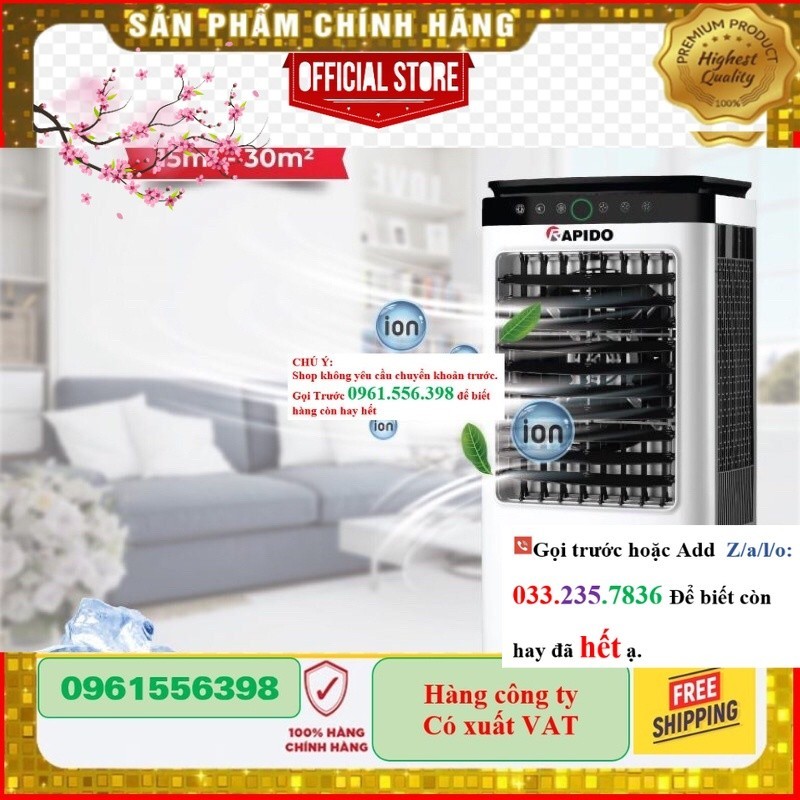 Quạt Điều Hòa Không Khí Rapido Turbo 6000D - Trắng + Đen, Kích Thước 970x340x440mm, Dung Tích 45L