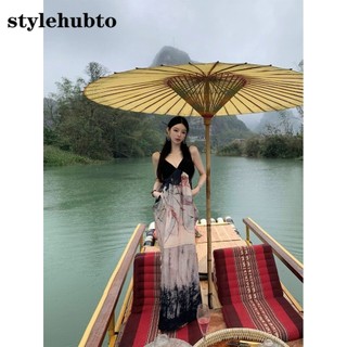 7142 Stylehubto Đầm cổ chữ V in hình phong cách Trung Quốc