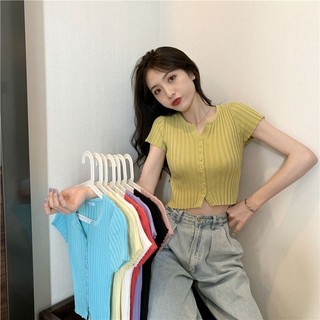 Áo thun ngắn tay dệt kim cổ chữ V cổ chữ V phiên bản Hàn Quốc