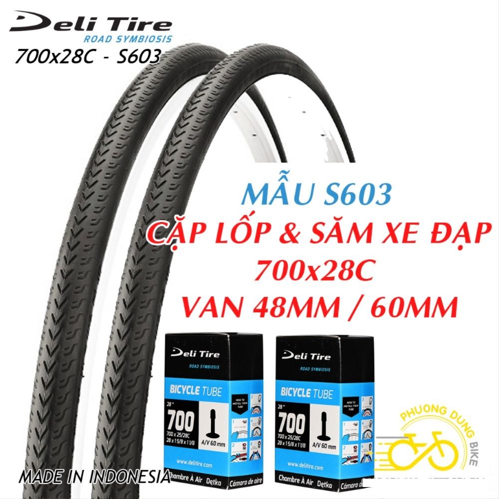 Cặp Lốp (vỏ) và Ruột (săm) xe đạp Deli Tire S603 700x28C - Van dài 60mm