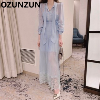 Ozunzun Thời Trang Ren Nối Bishop Tay Dưới Lưng Xuất Hiện Đầm Mỏng 5595