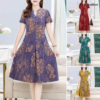 Vải Lanh Nữ Mùa Hè Đầm Cổ Chữ V Tay Dài Phong Cách Trung Hoa Tay Ngắn In Chữ A Xếp Ly Túi Dài Đầu Gối Nữ Trung Niên Mẹ Midi Đầm