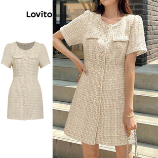 Đầm Lovito vải tuýt cài nút trước màu trơn thanh lịch cho nữ L77ED264