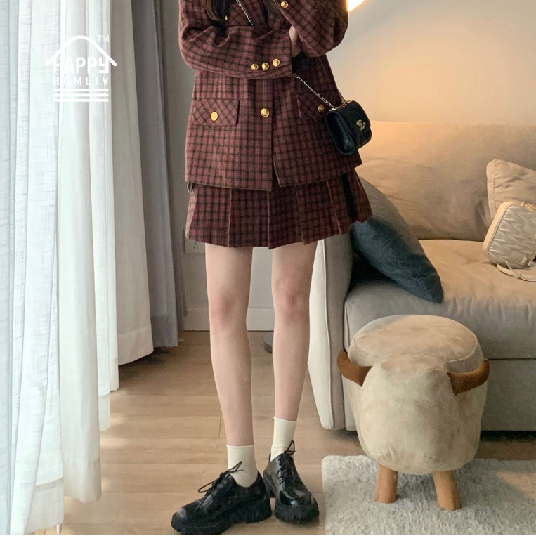 HAPPY HOMLIV Bộ Áo Khoác Vest + Chân Váy Xếp Ly Lưng Cao Phong Cách Preppy Cổ Điển Thời Trang Cho Nữ