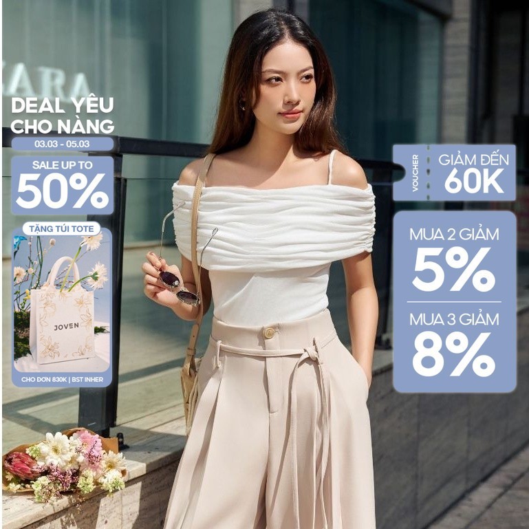 UPTO50% + VC60K || JOVEN Áo Thun Meredith Dáng Trễ Vai Thanh Lịch Sang Trọng