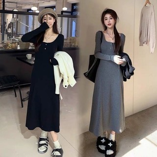 Váy body dáng dài Đầm dài tay nữ 2024 phong cách mới kiểu Pháp cổ vuông tay hẹp dáng chữ A slim-F