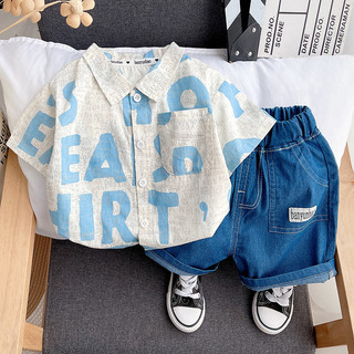 Mùa Hè Bé Gái Bé Trai Quần Áo Trẻ Em In Ve Áo Sơ Mi Quần Short Phù Hợp Với Áo Tay Ngắn Và Quần Short Denim 2 Miếng Bộ Trẻ Em Đi Biển Mặc