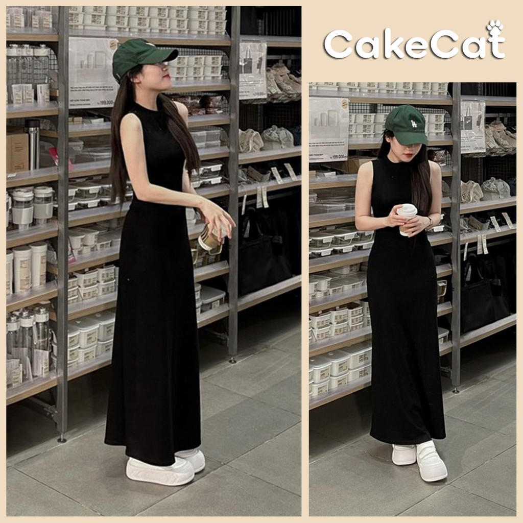Váy Thun Nữ Sát Nách Cổ Tròn Dáng Dài Maxi Chất Thun Co Giãn 4 Chiều Ôm Body Váy Ba Lỗ Nữ Kiểu Dáng Basic Cakecat
