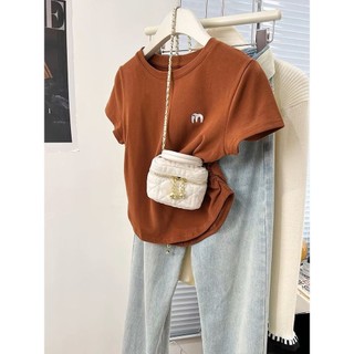 Áo thun nữ Retro xếp ly ngắn tay thêu mùa hè