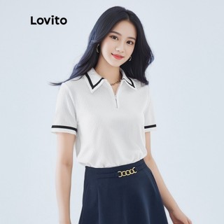 Áo thun Lovito tay ngắn có cổ viền tương phản màu trơn thanh lịch dành cho nữ L49ED029 (màu trắng)