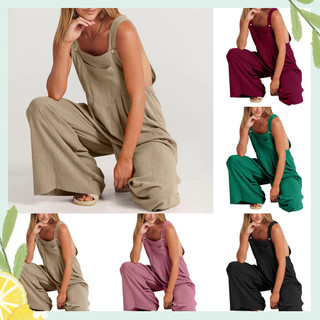[Hàng mới về] Dây đeo vai rộng Nút trang trí Túi không tay Nữ Jumpsuit Mùa hè Áo liền quần ống rộng màu trơn thông thường