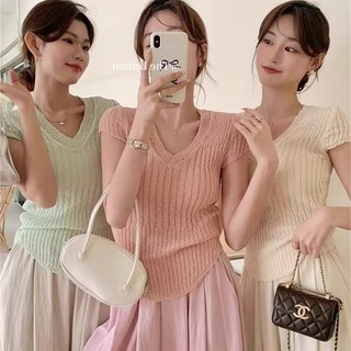 Áo dệt kim ngắn tay cổ chữ V khí chất kiểu Pháp dành cho nữ mùa hè Áo mỏng không đều mới