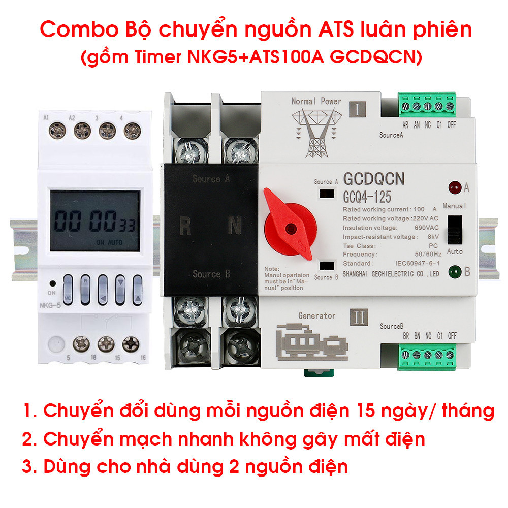 Combo ATS 100A GCDQCN + hẹn giờ chu kỳ tháng Nkg5 bộ chuyển đổi 2 nguồn điện luân phiên 15 ngày tự đ