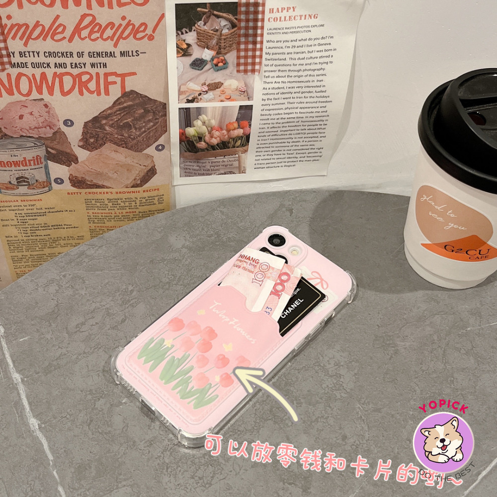 Hoa Tulip Hồng Cho IPhone 15 Ốp Điện Thoại 4 13 12 11 Pro Max X XS XR XS Max 7 8 Plus SE2020 12 Mini 13 Mini Vỏ Điện Thoại Thẻ Vỏ Điện Thoại Đựng Thẻ Chèn Vỏ Mềm Cô Gái KB