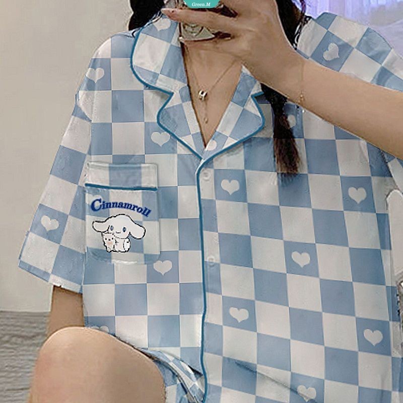 Bộ đồ ngủ bằng lụa băng Người mẫu nữ Mùa hè Sanrio Cinnamoroll Bộ đồ ngủ ngắn tay màu xanh dành cho học sinh dễ thương Bộ hai mảnh mỏng của quần áo gia đình ký túc xá thoải mái [GM]