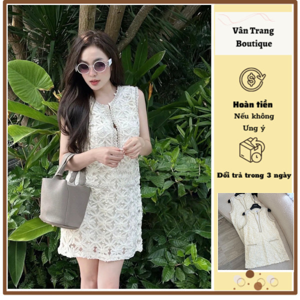T276 Váy suông ren hoa nổi cổ V đính ngọc kèm quần bảo hộ rời hàng chuẩn mẫu có ảnh sàn