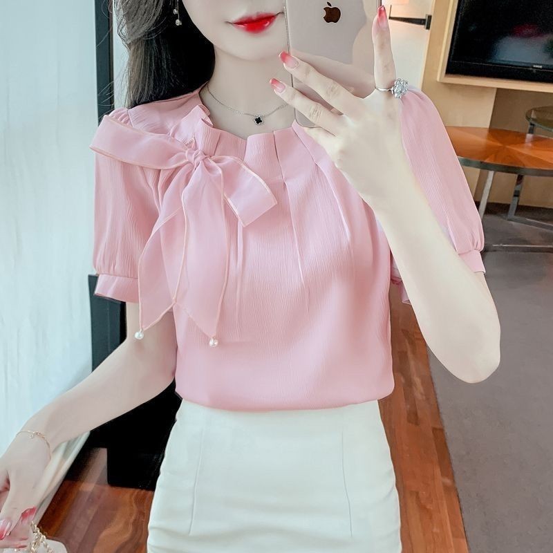 Mùa Hè Phiên Bản Hàn Quốc Sang Trọng Xếp Ly Nơ Ngắn Tay Áo Sơ Mi Voan Nữ Sang Trọng Ngọt Ngào