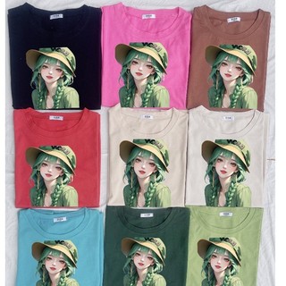 Áo phông Cotton hàn (Hàng Loại 1) in hình Cô gái áo xanh đội mũ, Áo thun from rộng, mặc cho Nam và nữ chất đẹp