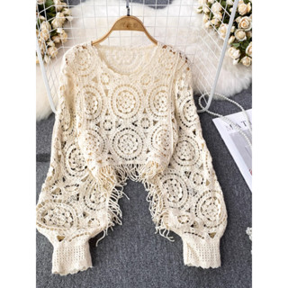  Retro Phong Cách Dân Tộc Cổ Tròn Tua Rua Móc Rỗng Búp Bê Tay Áo Chui Đầu Ngắn Áo Len Áo Nữ Thường Ngày Hàng Đầu 