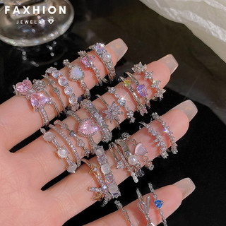 Faxhion Sáng Bóng Kim Cương Bạc Nhẫn Nữ Zircon Trái Tim Nơ Nhẫn Vàng Có Thể Điều Chỉnh Phụ Kiện Trang Sức