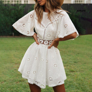 Ayyufe Nữ Mùa Hè Đầm Lưng Rỗng Ra Hoa Đính Màu Trơn Chữ A Rời Viền Xếp Ly Cutout Eo Nửa Tay Chắp Vá Hẹn Hò Nữ Prom Đầm Mini