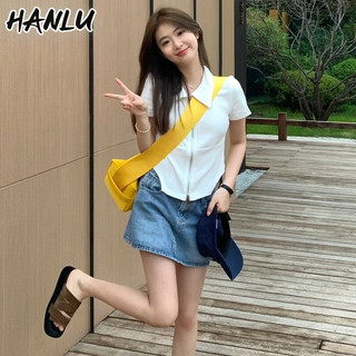 Áo thun nữ tay ngắn đeo vai phong cách mới HANLU Slim Fit màu trơn Áo ngắn