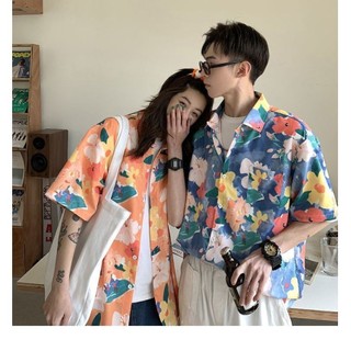 Mùa hè tay ngắn hoa áo sơ mi nam nữ hawaii đi biển phong cách kỳ nghỉ áo sơ mi thiết kế rời băng lụa áo cặp đôi mặc