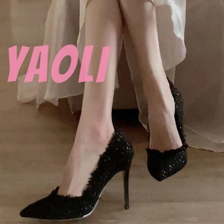 YAOLI  Giày cao gót phong cách mới mũi nhọn màu đen nhỏ thơm len nữ dép đơn giản