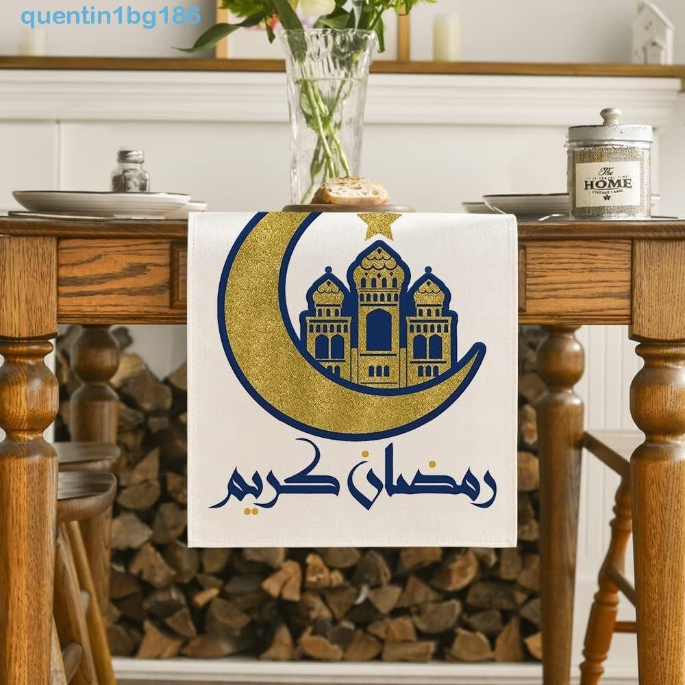 Quentin1bg Eid Mubarak Table Runner, Moon Star Nhà Thờ Hồi Giáo Họa Tiết Ngày Lễ Tiếp Liệu Thảm Bàn, Thảm Ăn Vải Lanh Trang Trí Bàn Ăn Khăn Trải Bàn Tiệc