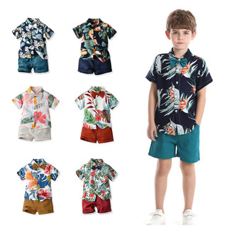 Quần Áo Trẻ Em Phong Cách Mới Mùa Hè Quần Áo Trẻ Em Hoa Trẻ Em Áo Sơ Mi Tay Ngắn Châu Âu Mỹ Bé Trai Hawaii Kỳ Nghỉ Quần Short Bộ Đồ Hai Mảnh