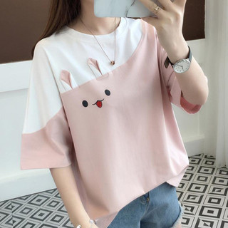 Áo thun ngắn tay thêu thỏ mùa hè nữ màu chặn áo thun Hàn Quốc