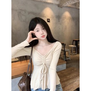Áo coquette tay dài Áo ôm body Áo thun dài tay có dây rút Thiết kế mới Cổ chữ V Slim-Fit Top