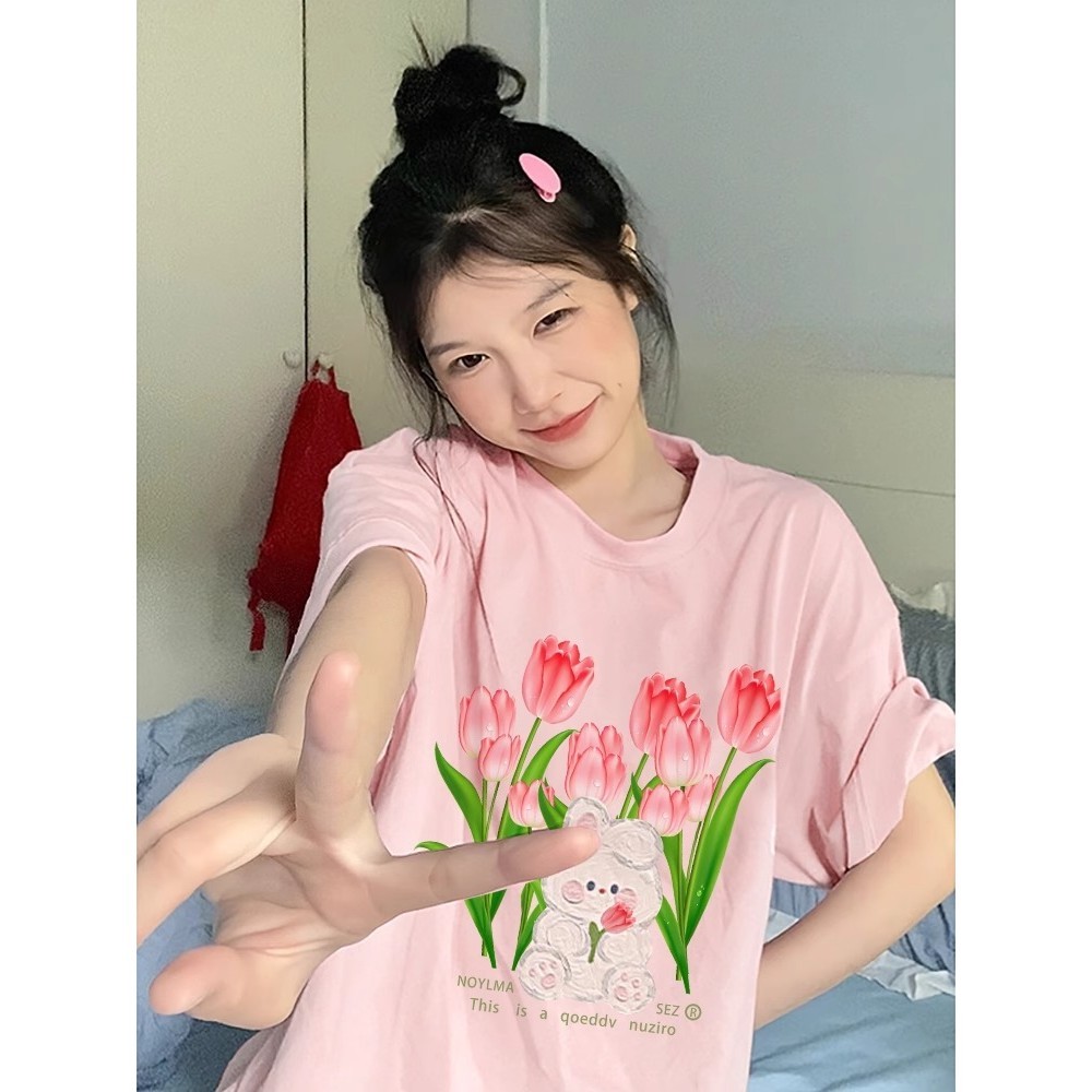 Áo thun ngắn tay cổ tròn dáng rộng in hoa Tulip ngọt ngào Nhật Bản