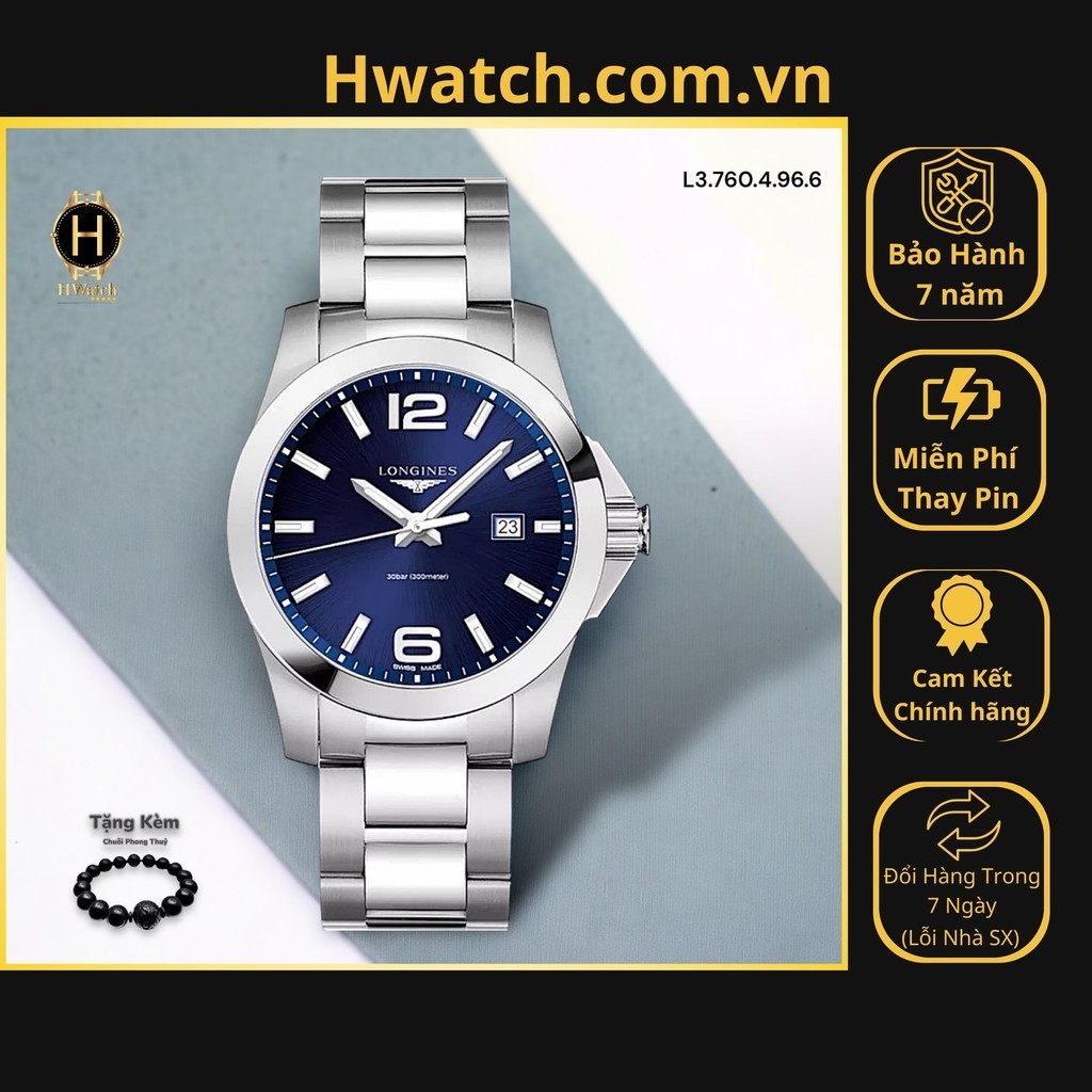 [Có sẵn] [Chính hãng] Đồng Hồ Nam Longines Pin  L3.760.4.96.6 (L37604966) Longines Conquest HwatchAu
