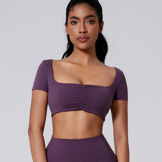 Shamzu Phong Cách Mới Thể Thao Với Miếng Lót Ngực Nữ Cổ Rộng Rãi Eo Gợi Cảm Tập Gym Mặc Xếp Ly Màu Trơn Yoga Áo Thun Tay Ngắn