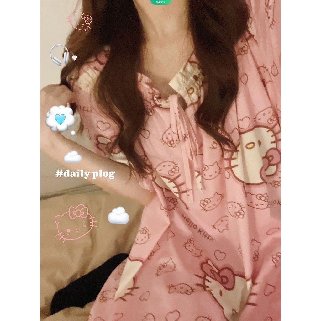 Đầm Ngủ Tay Ngắn In Hình Hello Kitty Thời Trang Mùa Hè 2024 Mới