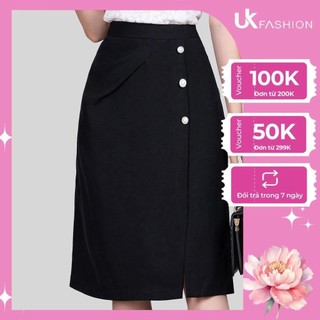 Chân Váy Chữ A Công Sở UK Fashion Thiết Kế Xếp Kiểu Phối Cúc Thanh Lịch, Chất Liệu Co Giãn Nhẹ NKCV2206002