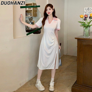 Duohanzi Đầm ôm Size Lớn Xếp Ly Mỏng Mùa Hè Mới Hơi Béo Phong Cách Đại Học Cổ Chữ V Dài