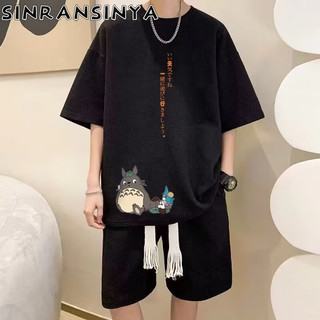 Sinransinya Bộ nam mới, thời trang cao cấp đường phố cổ điển kiểu Mỹ, cotton nguyên chất, in hình mèo rồng, áo choàng dáng rộng, áo nửa tay cổ tròn thời trang dành cho cặp đôi
