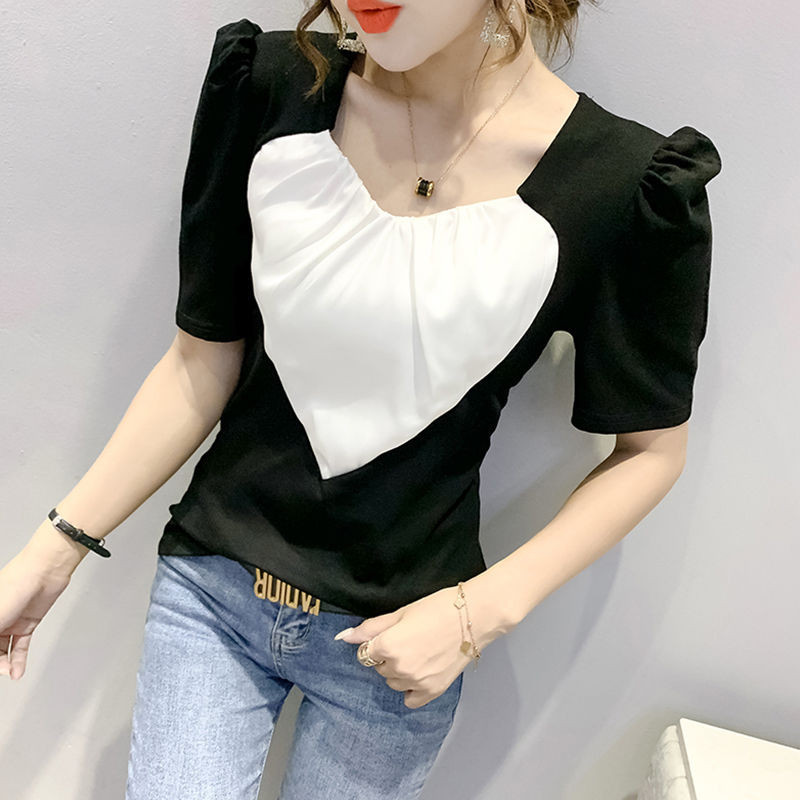 áo thun nữ form rộng kiểu bigsize tay ngắn croptop trung niên ôm trắng big size đẹp dáng hàn quốc sọc cổ vuông Áo Thun Nữ Tay Ngắn Nữ Tình Yêu Khâu Màu Sắc Tương Phản Tay Phồng Thiết Kế Hàng Đầu Cảm Thấy Thích Hợp Tất Cả Trận Đấu Mỏng Hơn Nhìn Nửa-