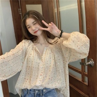 Áo Sơ Mi Hoa Tay Dài Nữ Plus Size Top Quần Áo Nữ