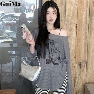 Guima Áo thun dài tay cổ chéo in chữ phong cách lười biếng dành cho nữ, áo trễ vai dáng rộng mới