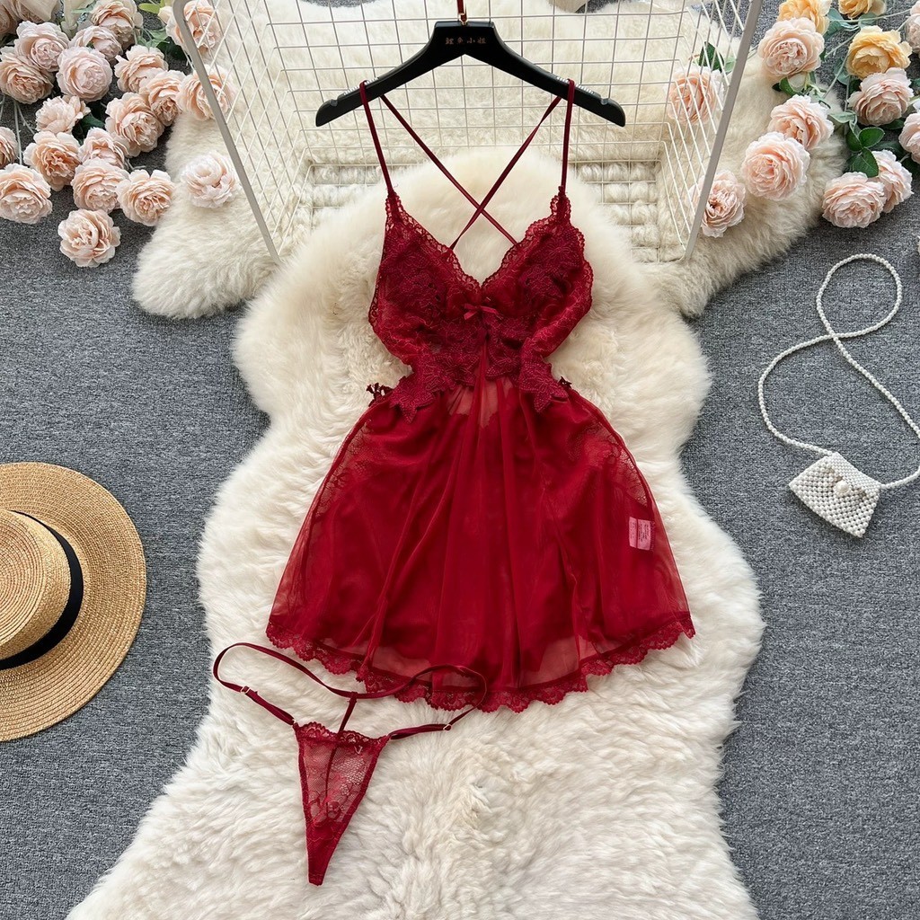 Váy ngủ ren xuyên thấu kèm quần lọt khe 1899