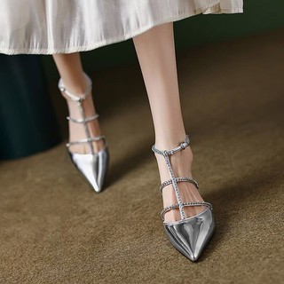 Quần áo bé gái#女士单鞋#Silver Dép bệt mũi nhọn bằng kim cương giả nữ mùa hè mới