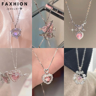 FAXHION Hồng Ngọt Ngào Zircon Mặt Dây Chuyền Vòng Cổ Trái Tim Nơ Dây Xích Choker Cho Nữ Trang Sức Phụ Kiện