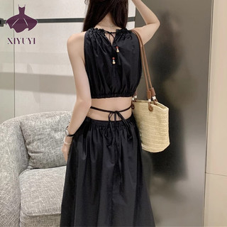 Xiyuyi Váy nữ, váy dài treo cổ, thiết kế eo rỗng tiết lộ khí chất giảm béo đi biển đi biển kỳ nghỉ váy dài