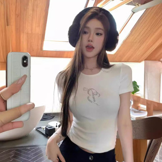 Cổ Tròn Tay Ngắn Đeo Vai Nữ Mùa Hè Mỹ Ngọt Ngào Thoáng Mát Phong Cách Cô Gái Slim-fit Ôm Hơn Nhìn Ngắn