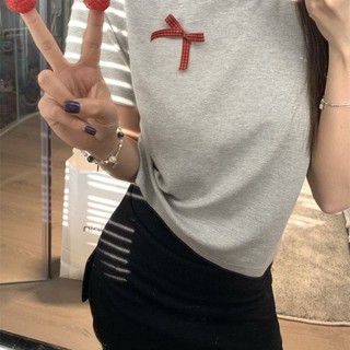 Áo thun ngắn tay màu xám nơ mùa hè Thiết kế mới Cảm giác giảm béo đa năng Áo ngắn ngọt ngào và cay